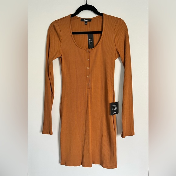 Lulus Go Beyond Basic Rust Brown Ribbed Snap Front Bodycon Mini Dress - Picture 3 of 5